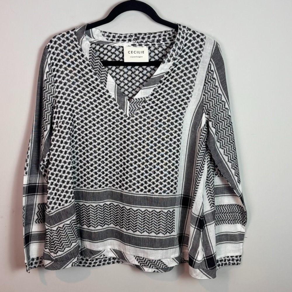 Cecilie Copenhagen Womens Black White 100% Cotton geometric pattern blouse sz XS